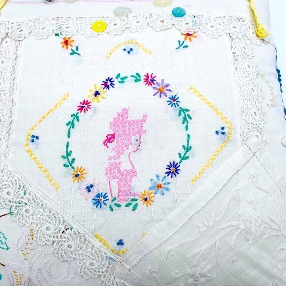 Pillow Cushion Handmade Embroidery Craft Floral Lace Crochet Multicolor Boho - Picture 2 of 10